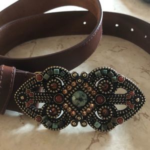 Leather belt with gorgeous beaded + jeweled buckle